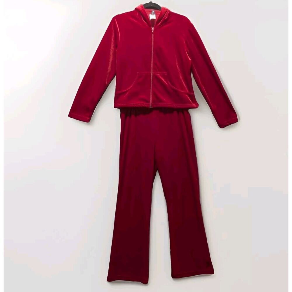 Vtg 90s Y2K Red Velour Velvet Track Suit Womens Sz Lg One Wrapper Zip Up Hoodie